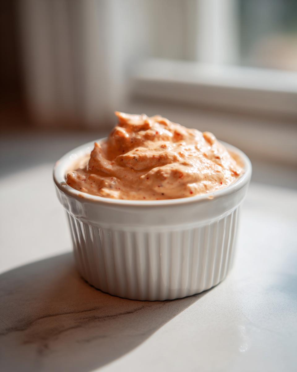 A small white ramekin filled with creamy, orange-hued big mac sauce recipe copycat, sitting on a light counter.