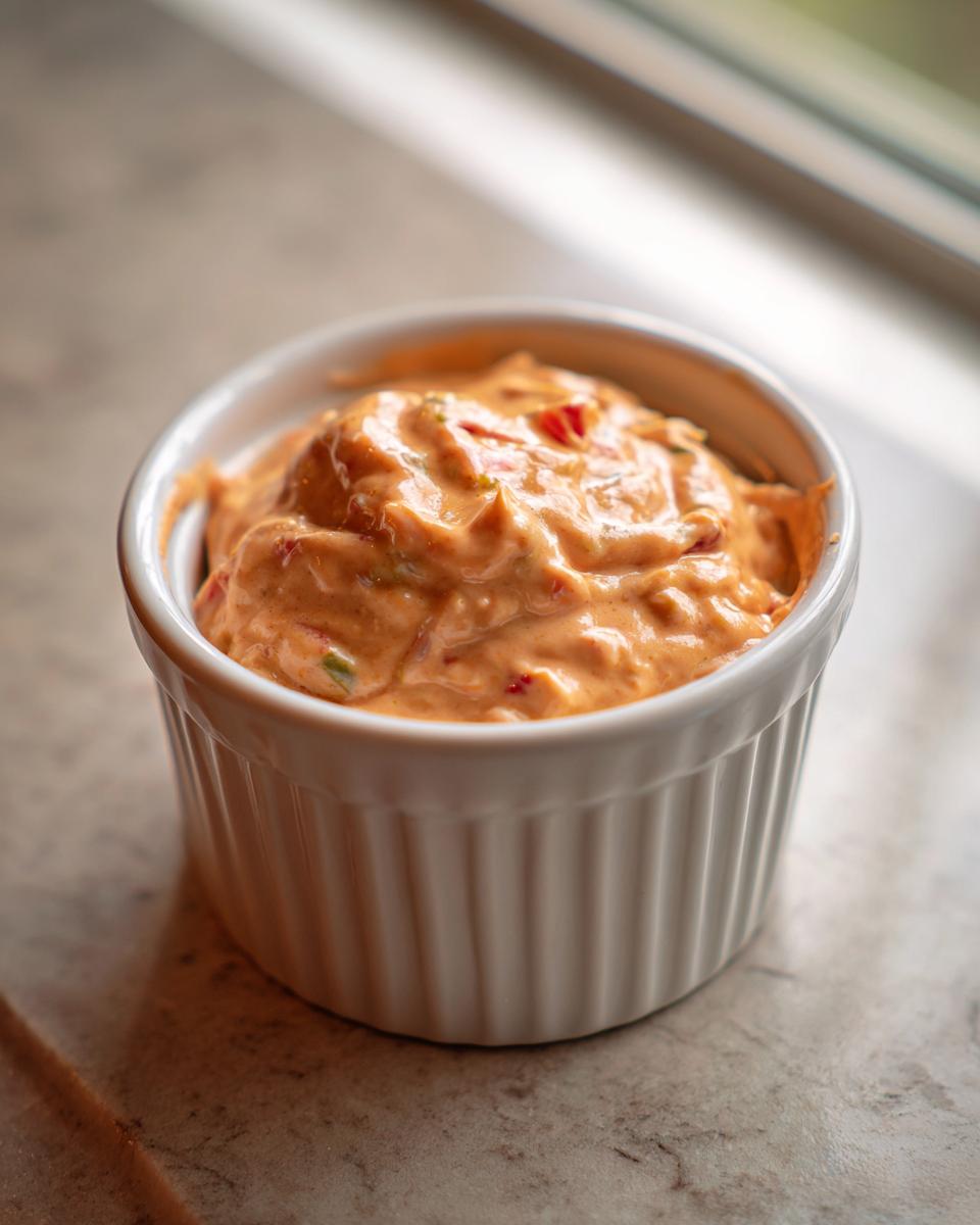 Close-up of creamy, orange-hued big mac sauce recipe copycat with visible relish pieces in a white ramekin.