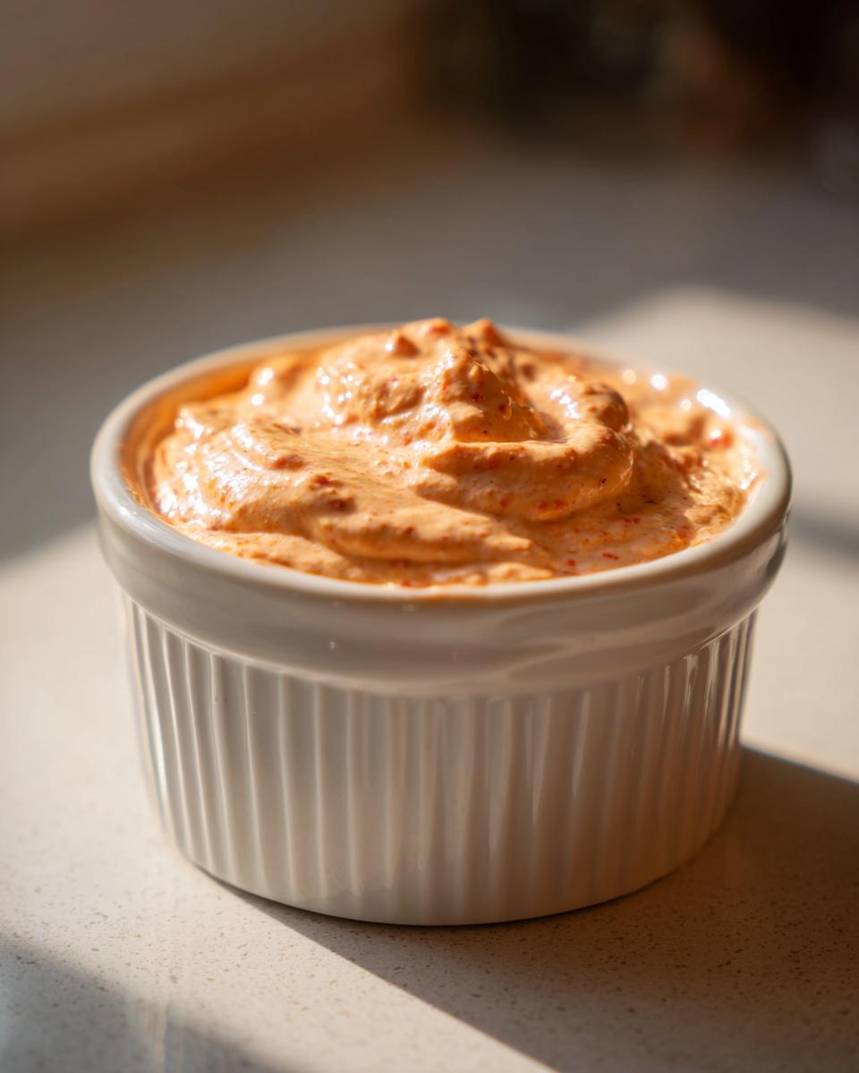 Close-up of creamy, orange-hued big mac sauce recipe copycat mixture swirled in a white fluted ramekin.
