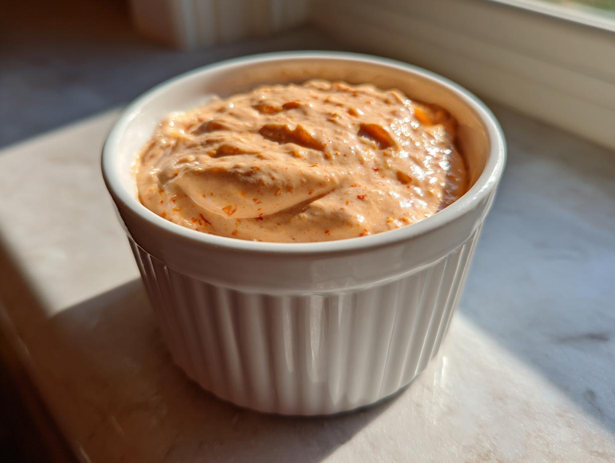 Close-up of creamy, orange-hued big mac sauce recipe copycat in a white fluted ramekin.