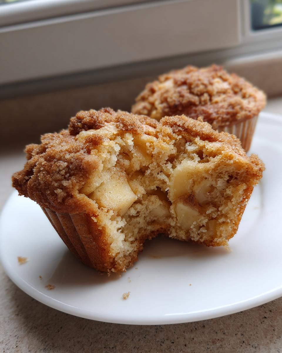 Close-up of a bitten apple cinnamon muffins showing moist interior and chunks of apple, topped with cinnamon streusel.