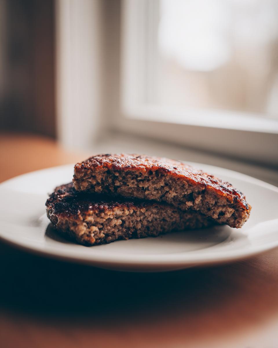 Two halves of a cooked black bean burger patty stacked on a white plate, showing the texture inside.