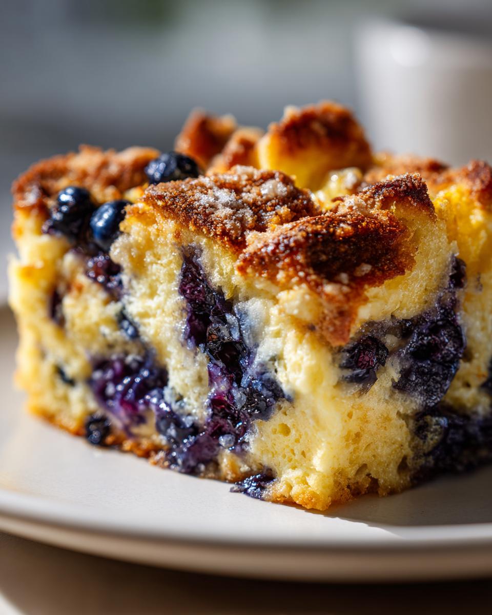 Close-up of a moist slice of Blueberry French Toast Casserole showing baked blueberries and a sugary, browned top.