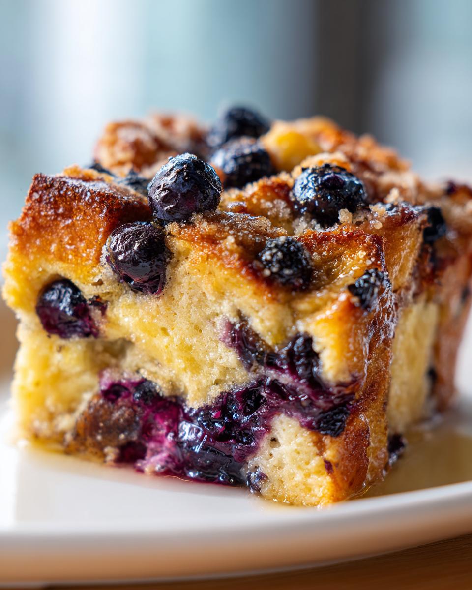 Close-up of a moist slice of Blueberry French Toast Casserole topped with fresh blueberries and a sugary glaze.