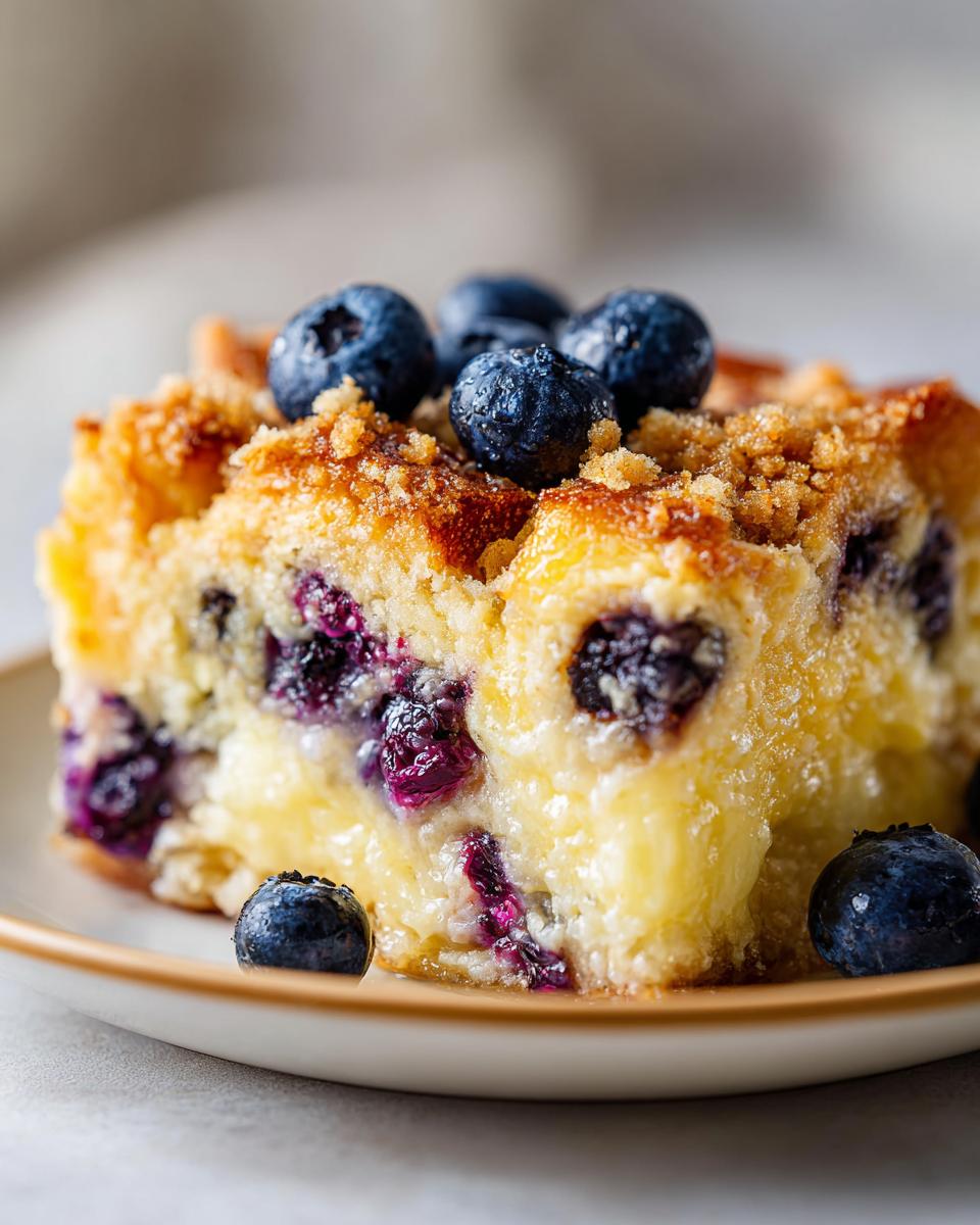 Close-up of a moist slice of Blueberry French Toast Casserole topped with fresh blueberries and crumble.