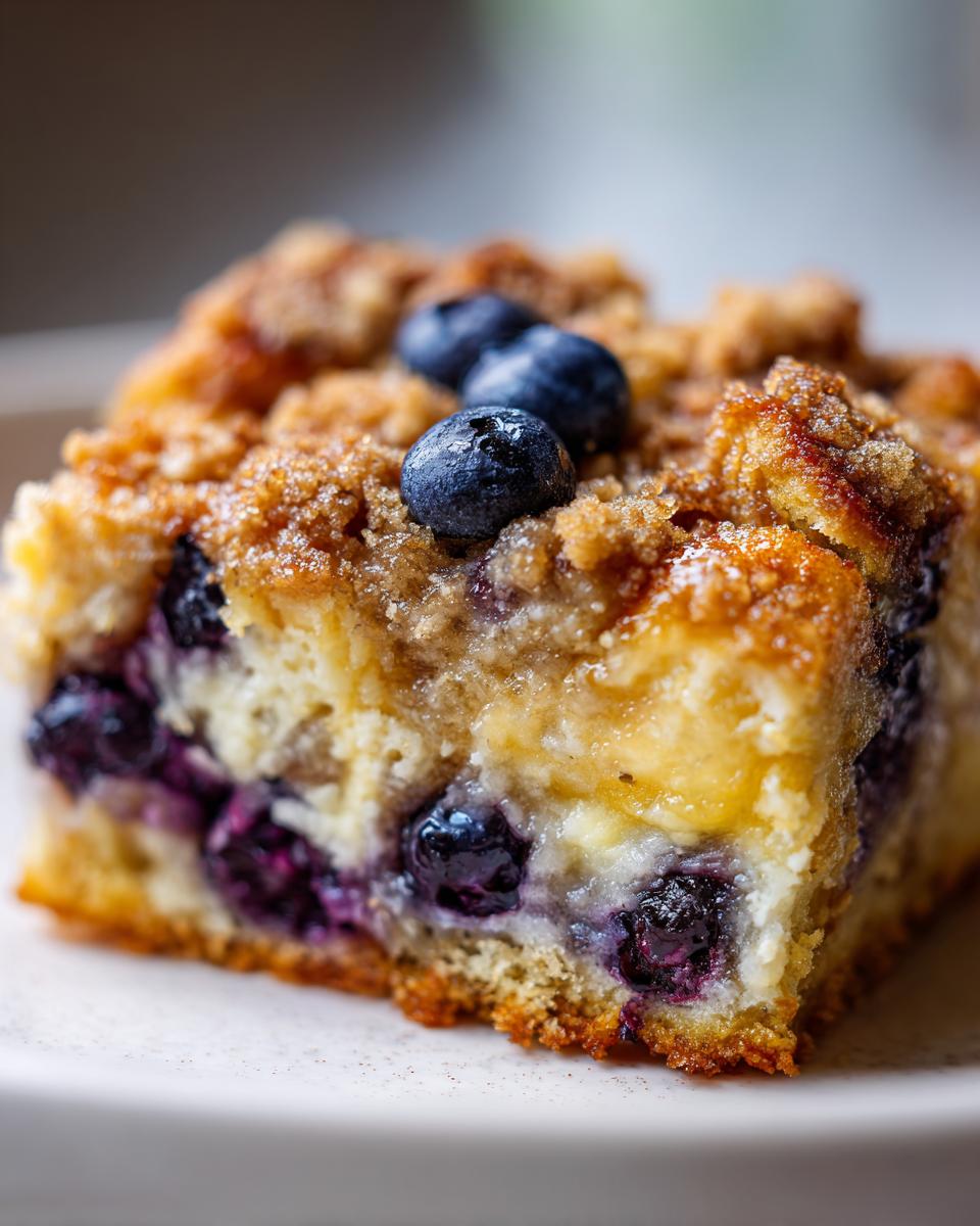 A close-up, macro shot of a square slice of Blueberry French Toast Casserole topped with streusel and fresh blueberries.