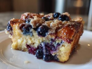 A close-up shot of a moist slice of Blueberry French Toast Casserole topped with streusel.
