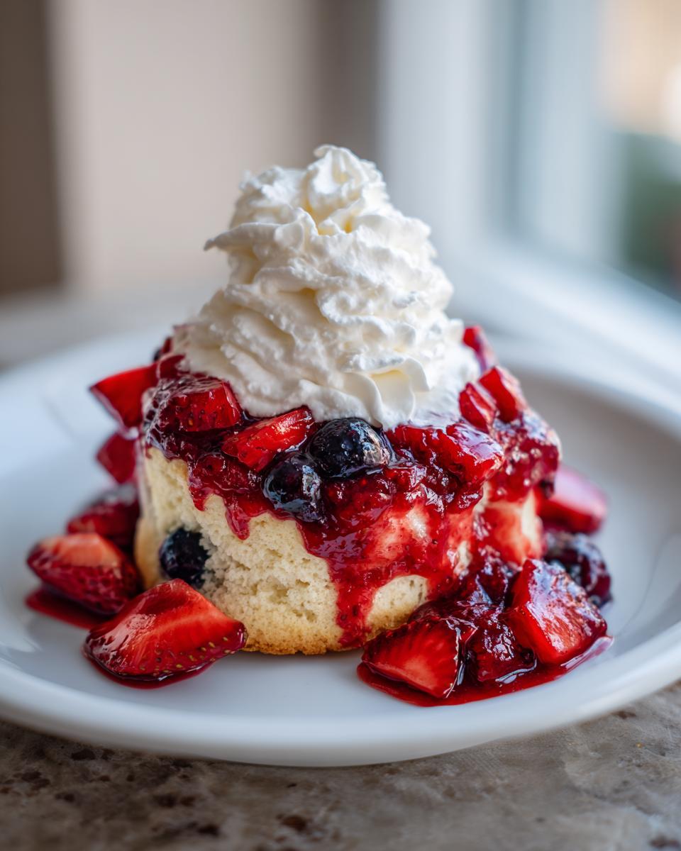 A single serving of blueberry muffin strawberry shortcake topped with macerated berries and whipped cream.