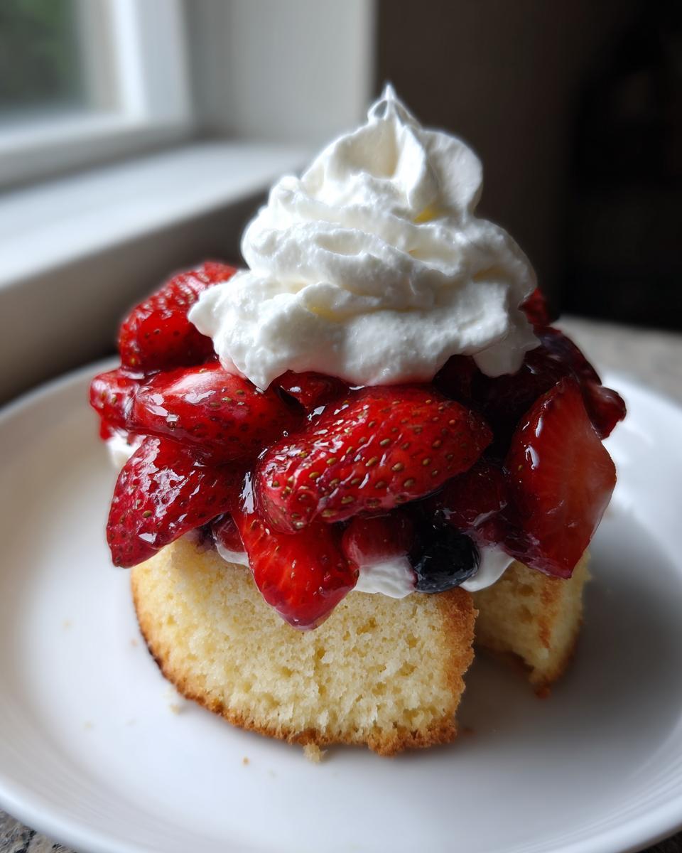 A slice of blueberry muffin strawberry shortcake topped with macerated strawberries and whipped cream.