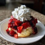 A serving of blueberry muffin strawberry shortcake topped generously with macerated strawberries and whipped cream.