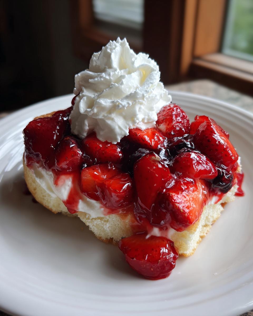 A slice of cake topped with macerated strawberries, cream, and whipped cream, resembling a blueberry muffin strawberry shortcake.