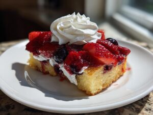 A slice of blueberry muffin strawberry shortcake topped with fresh strawberries, blueberries, and whipped cream on a white plate.