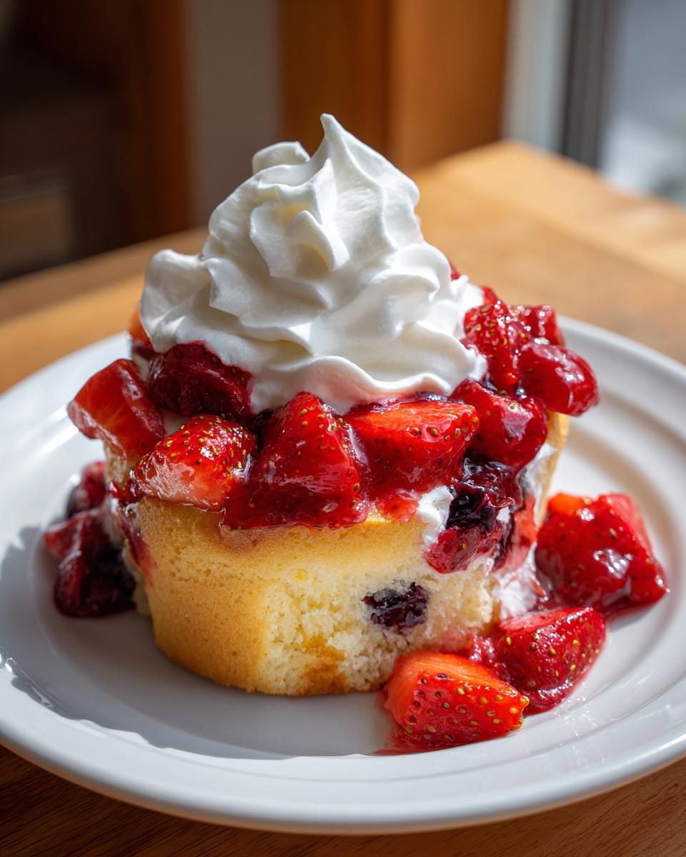 A close-up of a blueberry muffin strawberry shortcake hybrid topped with macerated strawberries and whipped cream.