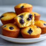 A stack of golden brown blueberry pancake muffins, one cut in half showing the fluffy interior.
