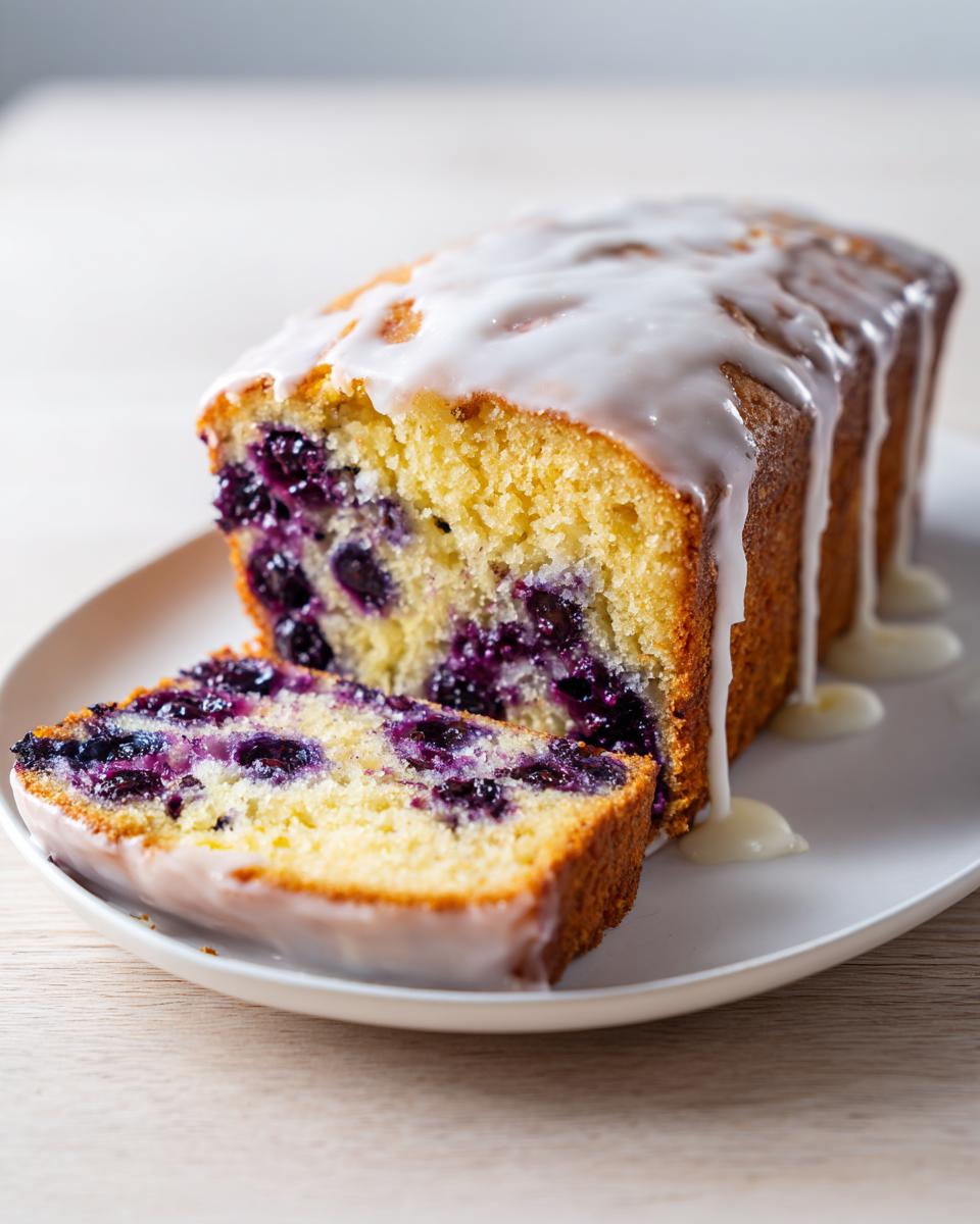 A loaf of moist blueberry zucchini bread topped with white glaze, with one slice cut and resting beside it.