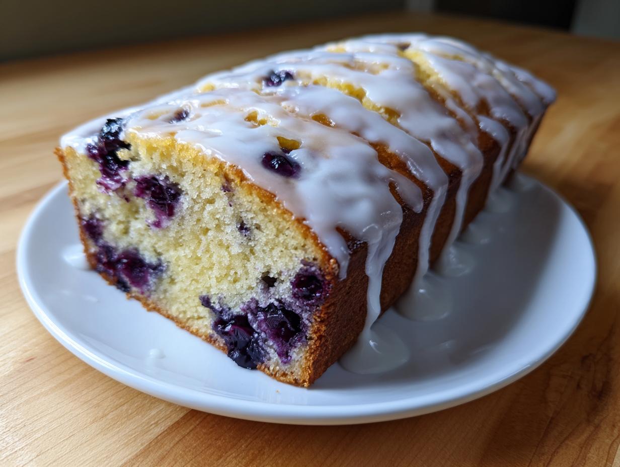 A loaf of moist blueberry zucchini bread topped with a thick white glaze, sitting on a white plate.