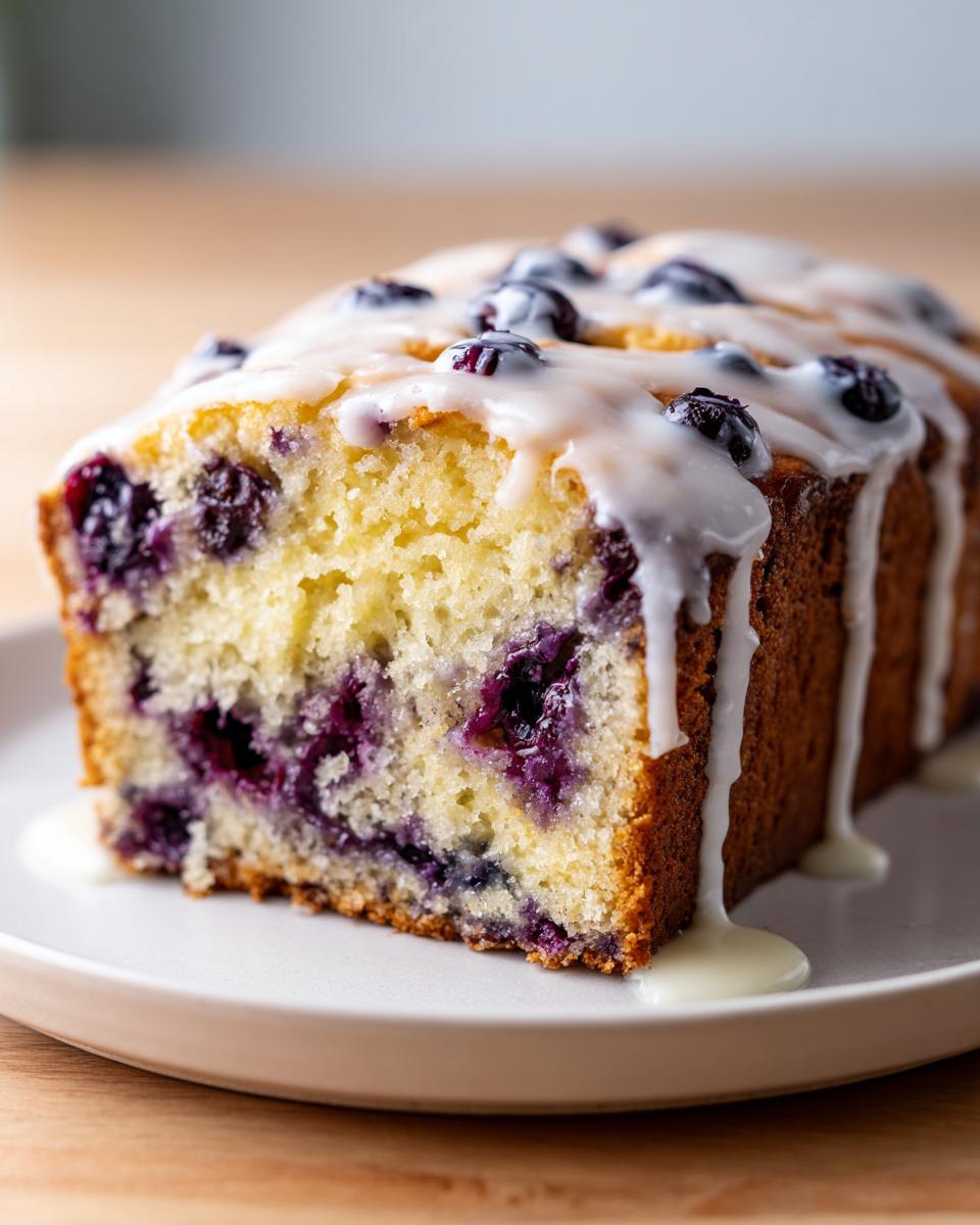 A close-up of a slice of moist blueberry zucchini bread topped with a thick white glaze and fresh blueberries.