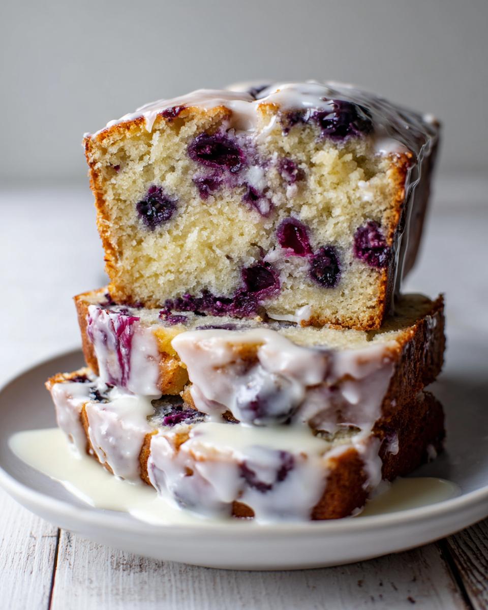 Three stacked slices of moist blueberry zucchini bread topped with a thick vanilla glaze.