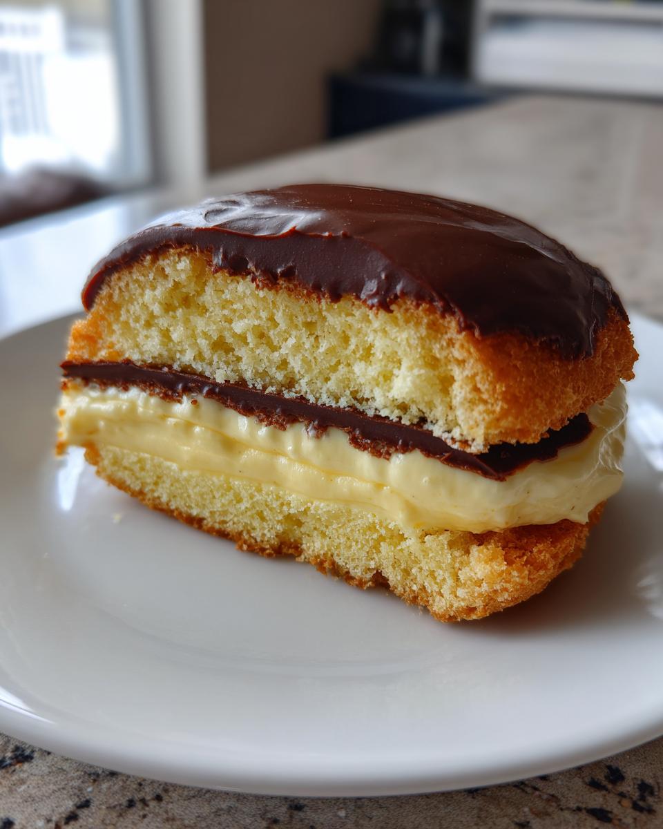 A cross-section slice of boston cream pie showing yellow cake, vanilla custard, and chocolate ganache topping.