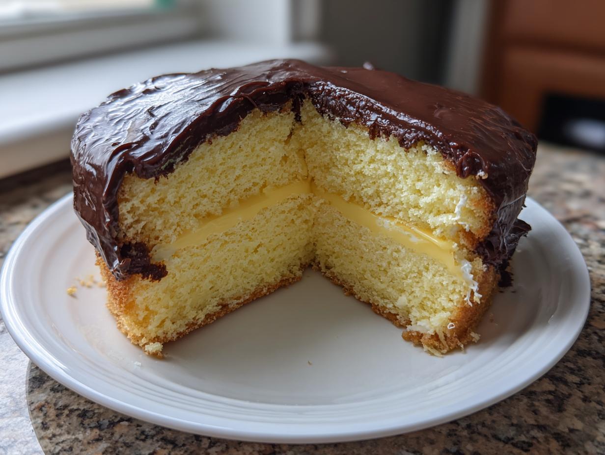 A slice cut from a homemade boston cream pie showing yellow cake layers, vanilla custard filling, and chocolate ganache topping.