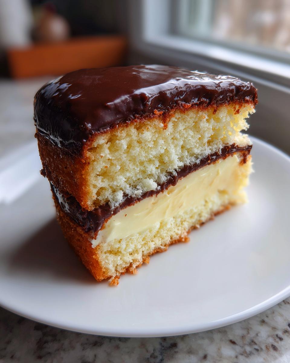 Close-up of a perfect slice of boston cream pie showing sponge cake, vanilla cream filling, and chocolate ganache.