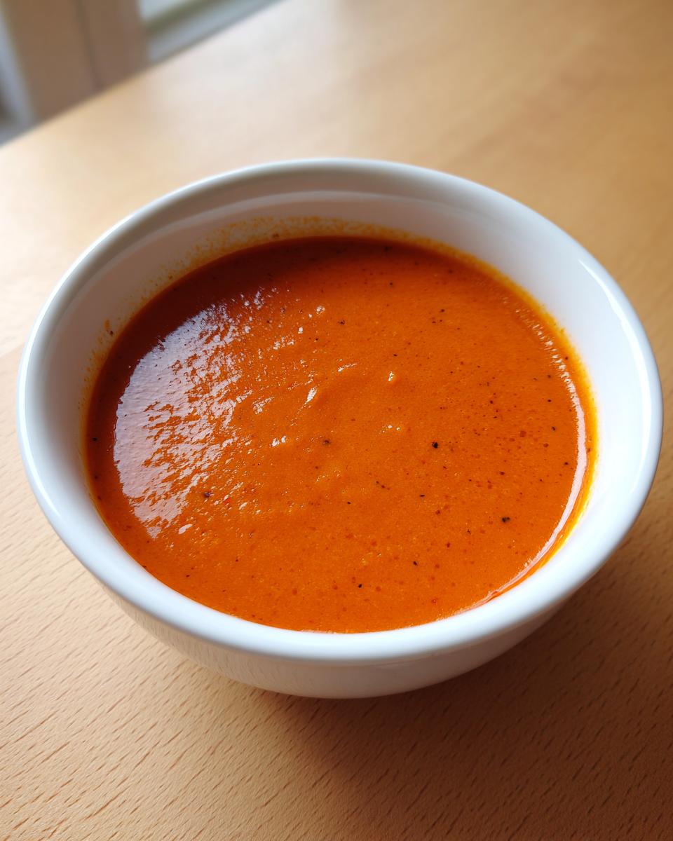 Close-up of a white bowl filled with vibrant orange roasted red pepper soup on a light wooden surface.