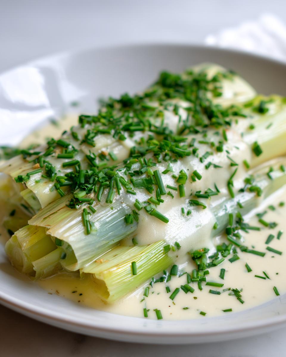 Close-up of tender braised leeks covered in a creamy white sauce and topped generously with fresh chopped chives.