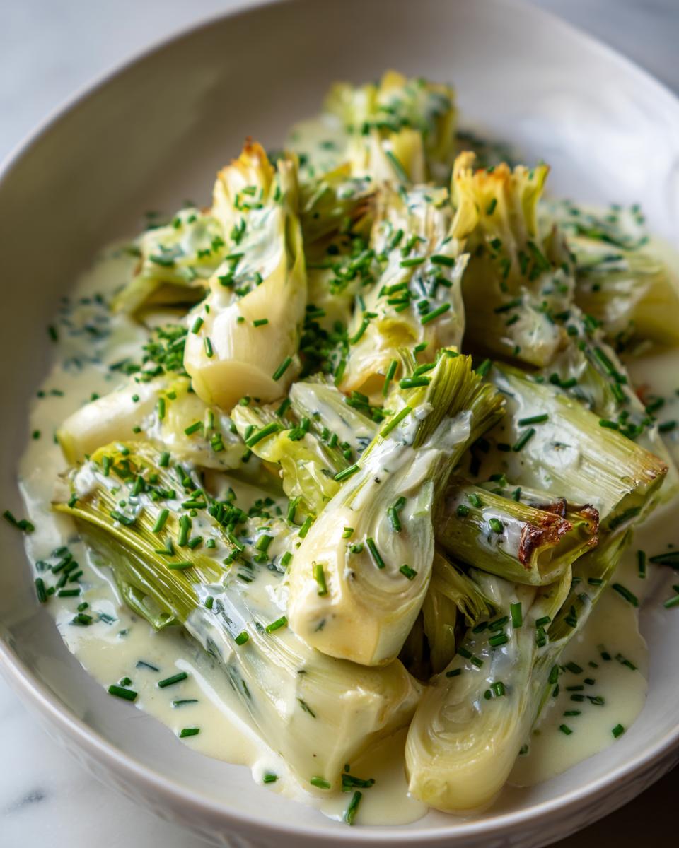 Close-up of tender braised leeks covered in a creamy white sauce and sprinkled with fresh chopped chives.
