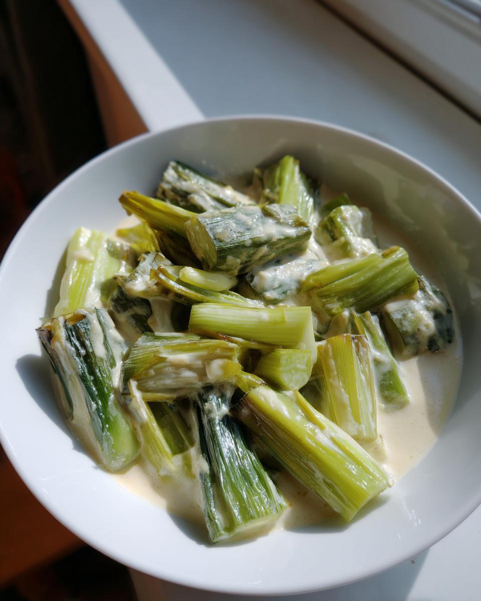 Close-up of bright green, chopped braised leeks with cream and white wine sauce in a white bowl.