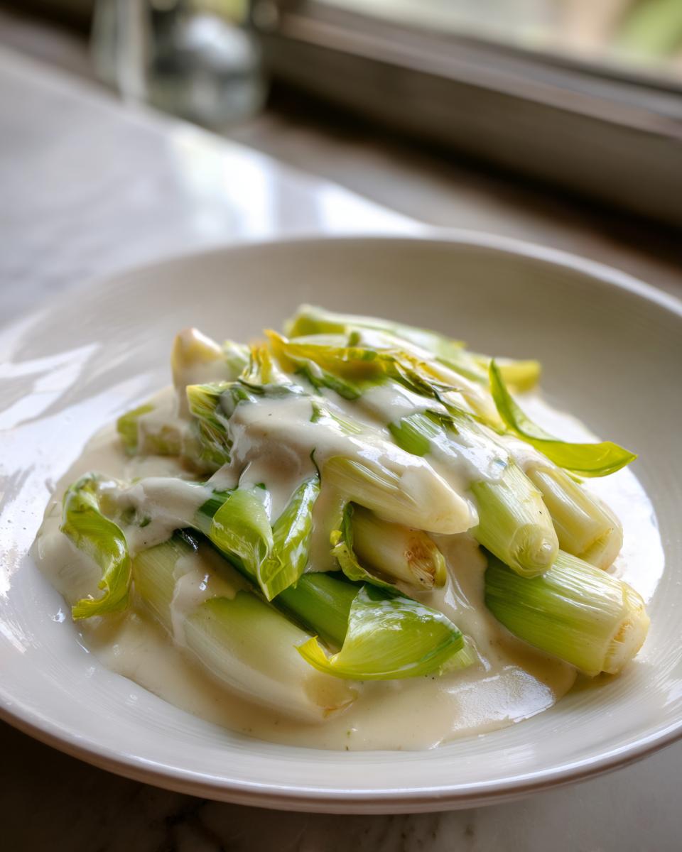 Close-up of tender braised leeks with cream and white wine sauce served on a white plate.