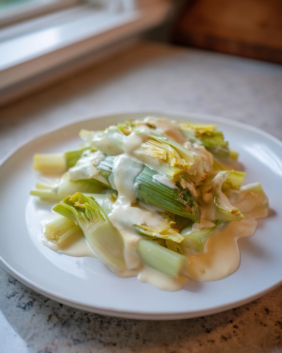 A serving of tender braised leeks with cream and white wine sauce on a white plate.