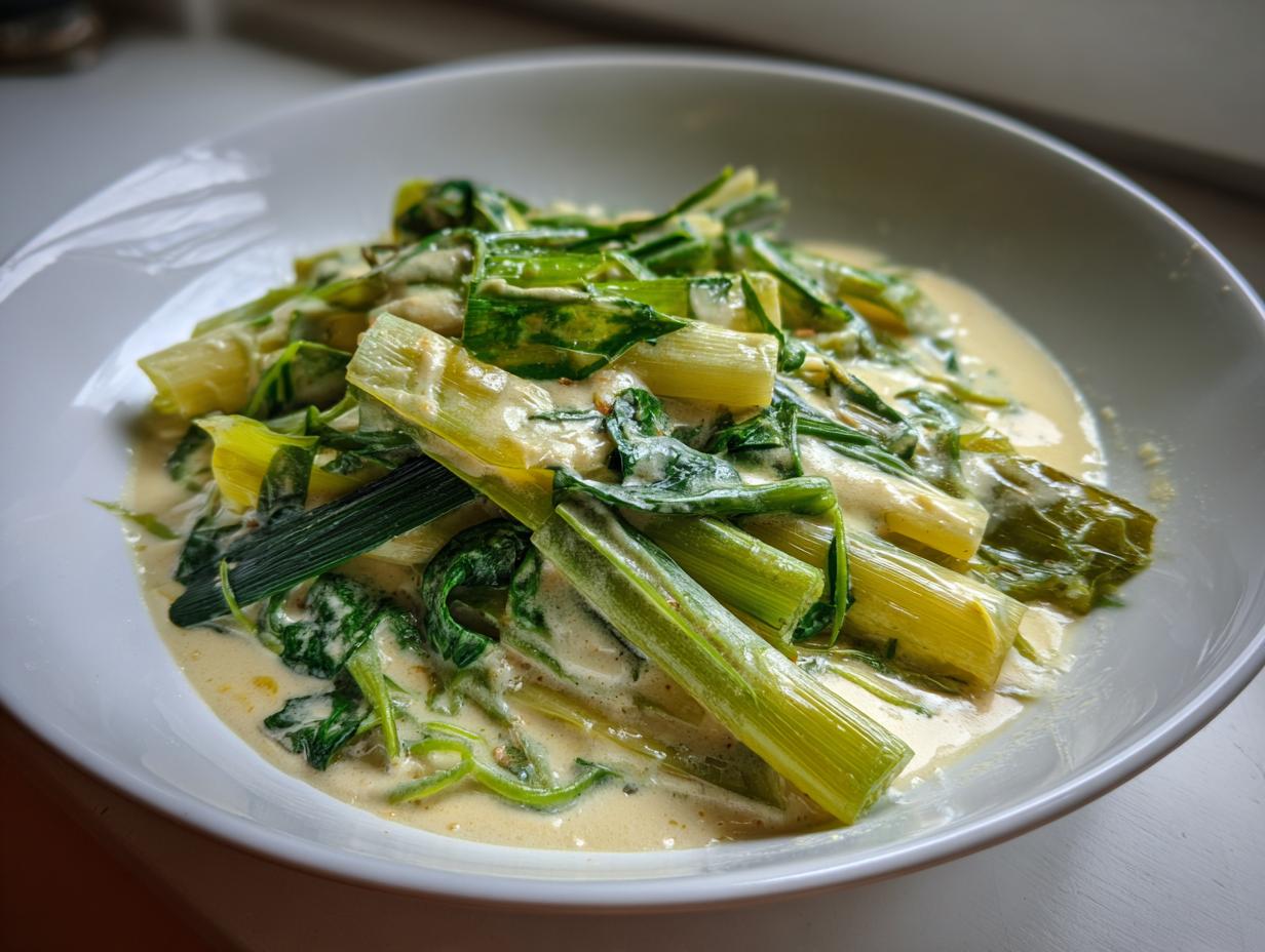 Close-up of tender braised leeks with cream and white wine sauce served in a white bowl.