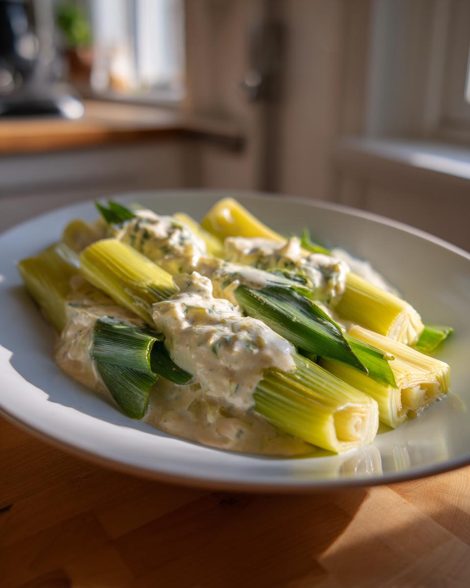 Close-up of tender braised leeks with cream and white wine sauce served on a white plate.
