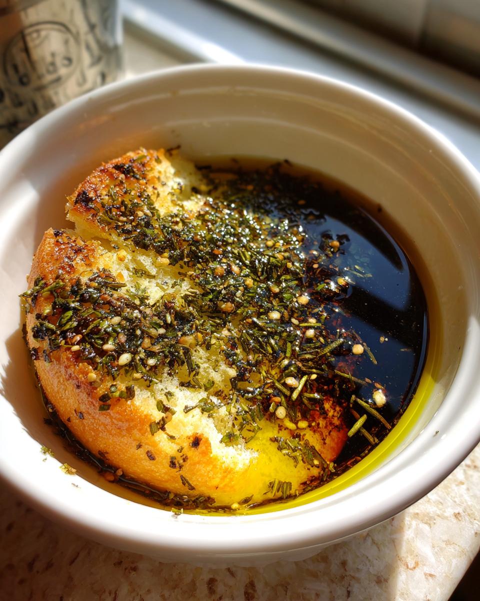 A piece of crusty bread soaking in a bowl of balsamic and olive oil bread dip, topped with herbs.