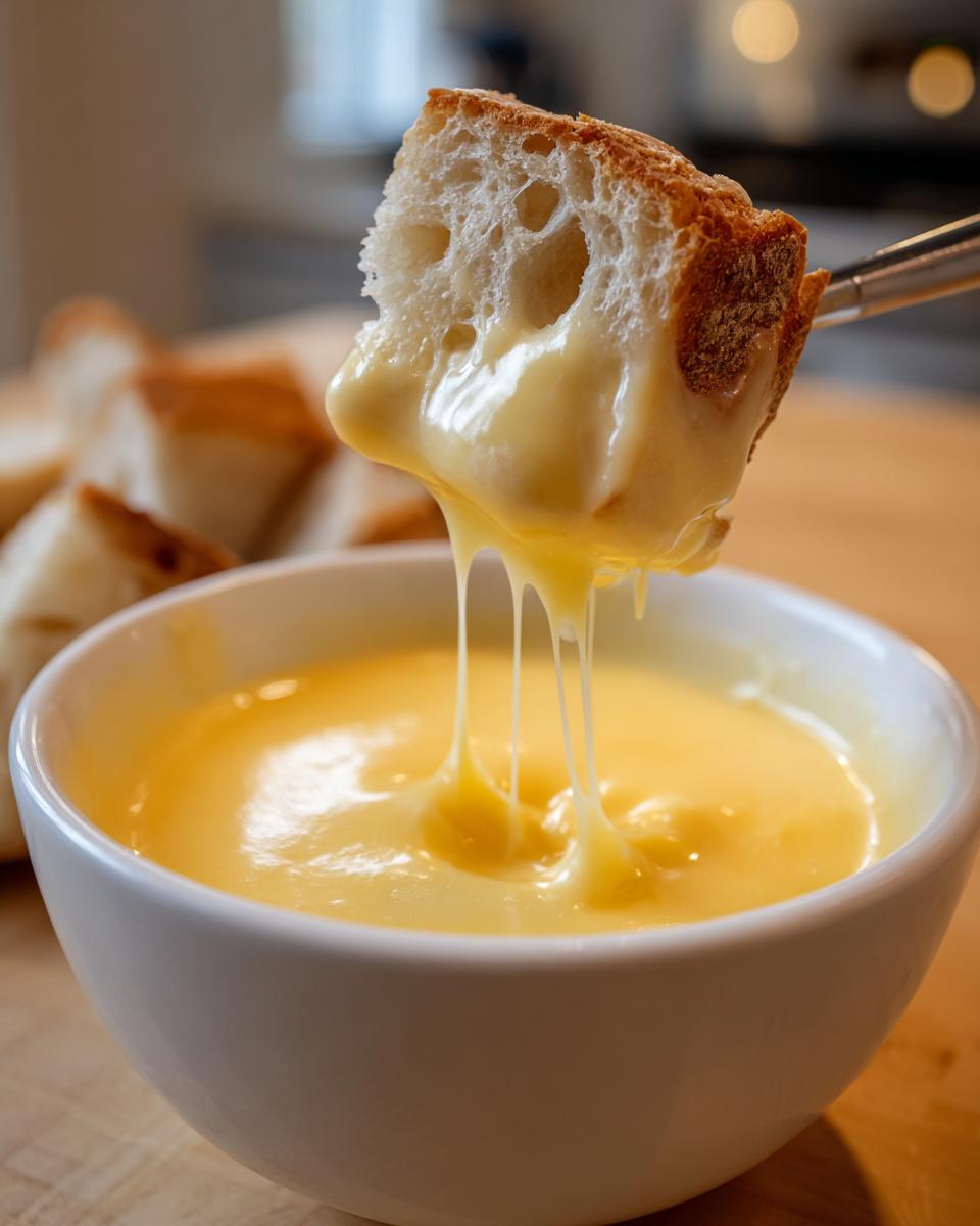 A piece of crusty bread being dipped into a bowl of melted cheese fondue recipe, showing long, satisfying cheese pulls.