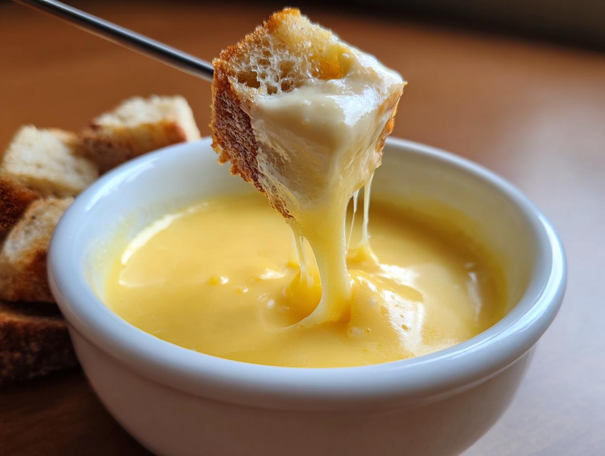 A piece of toasted bread is dipped into a bowl of smooth, melted cheese fondue recipe, showing a dramatic cheese pull.