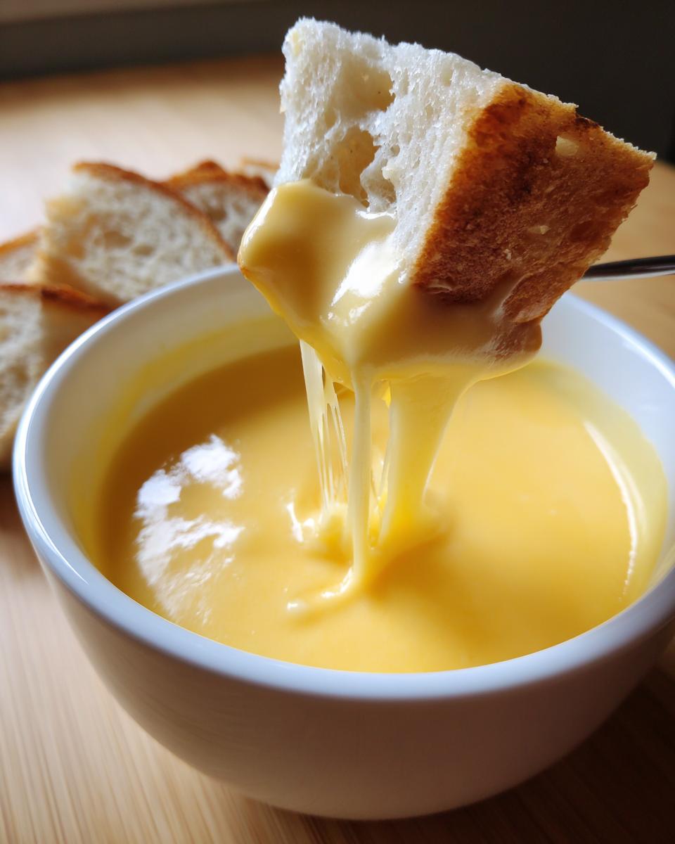 A piece of crusty bread being dipped into a bowl of smooth, melted cheese fondue recipe, showing long cheese pulls.