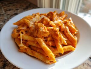 A close-up of a white bowl filled with creamy, orange-sauced buffalo chicken pasta and melted mozzarella cheese.