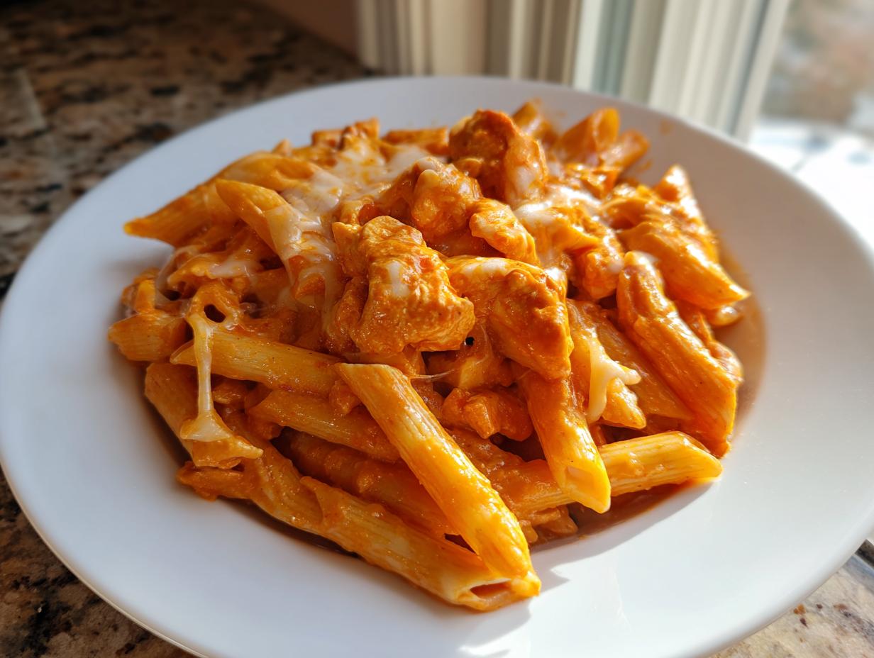 A close-up of a white bowl filled with creamy, orange-sauced buffalo chicken pasta and melted mozzarella cheese.