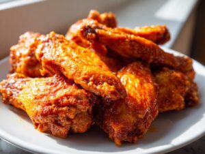 A close-up shot of a pile of glossy, saucy buffalo chicken wings stacked on a white plate.