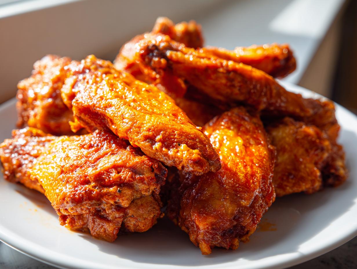 A close-up shot of a pile of glossy, saucy buffalo chicken wings stacked on a white plate.