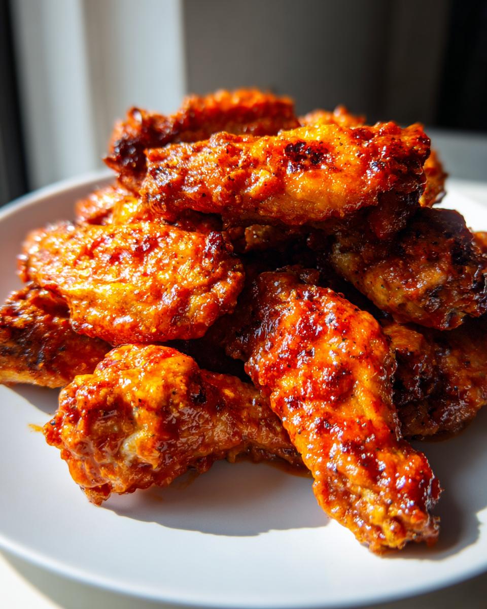 A close-up of a pile of glossy, saucy buffalo chicken wings stacked on a white plate.