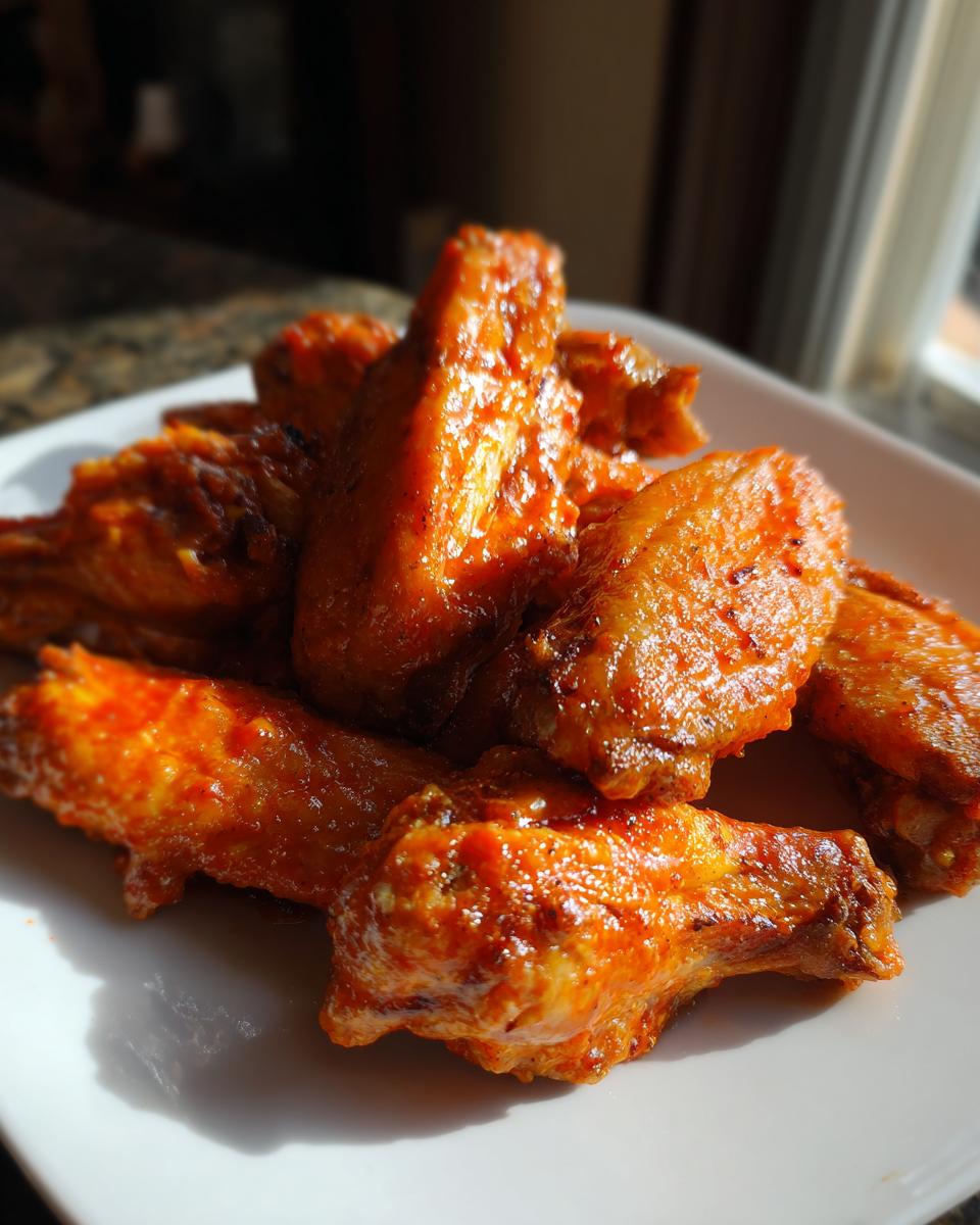 A close-up of several glossy, saucy buffalo chicken wings piled on a white plate.
