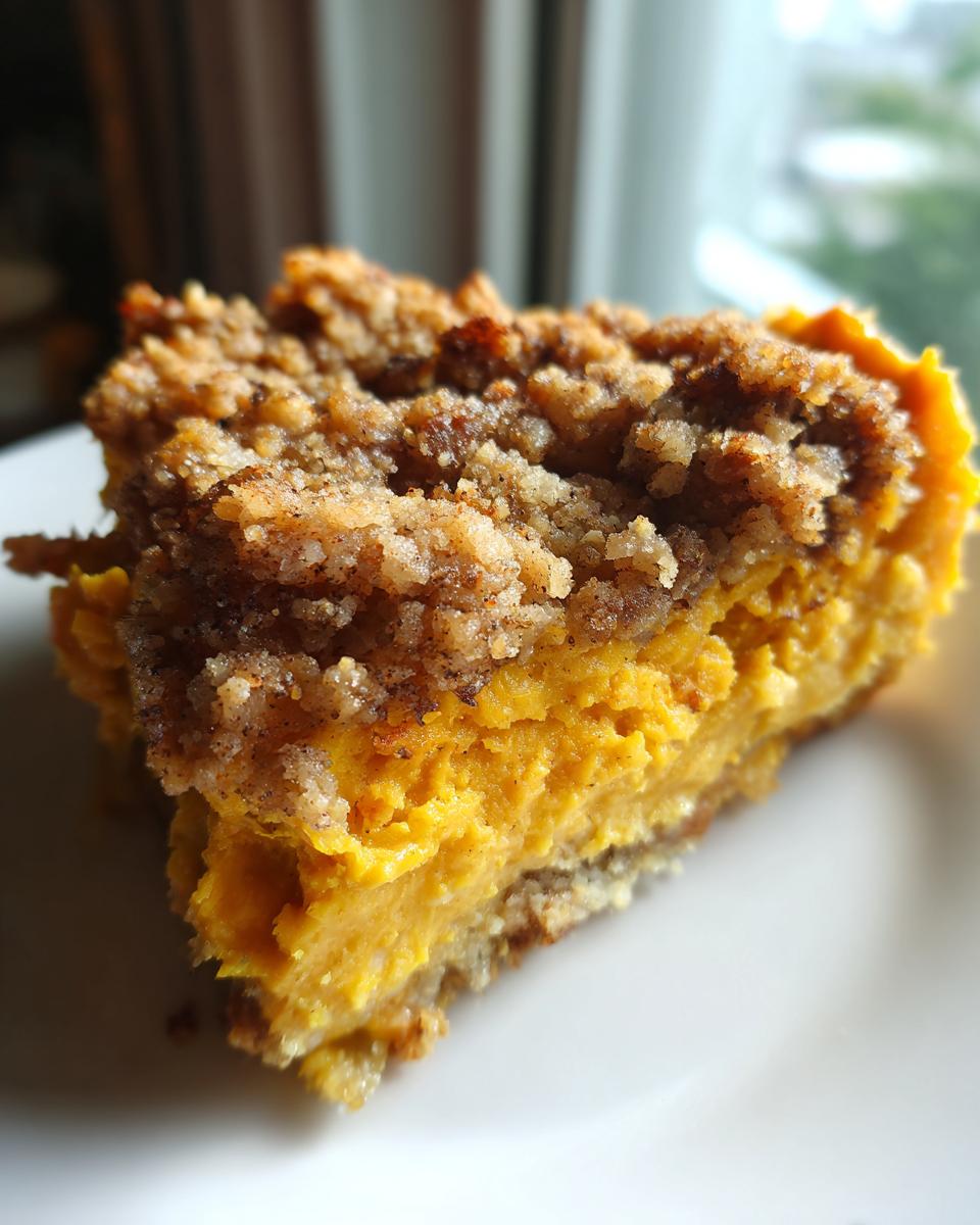 Close-up of a rich, orange slice of butternut squash casserole topped with a thick, brown cinnamon streusel crumble.