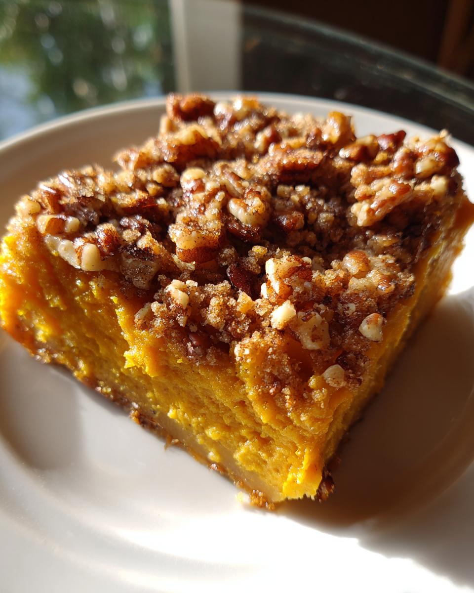 A close-up of a square slice of bright orange butternut squash casserole topped with a brown sugar and pecan streusel.