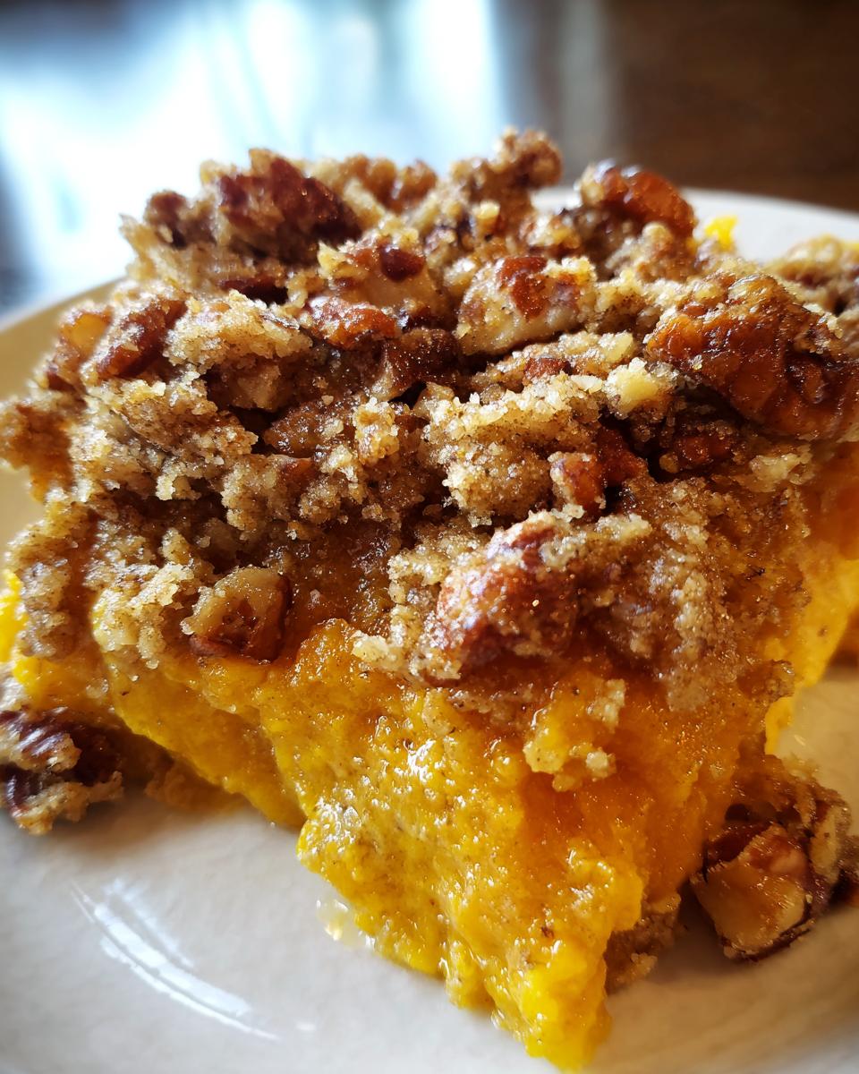 A close-up shot of a serving of rich, orange butternut squash casserole topped with a crunchy pecan streusel.