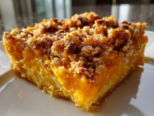 Close-up of a slice of rich, orange butternut squash casserole topped with a brown sugar and pecan crumble.