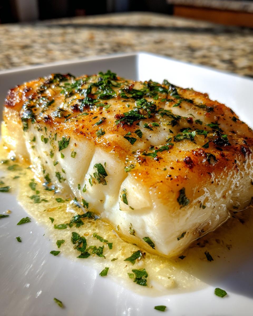 Close-up of a perfectly seared chilean sea bass recipe fillet, glistening in butter sauce and topped with fresh parsley.