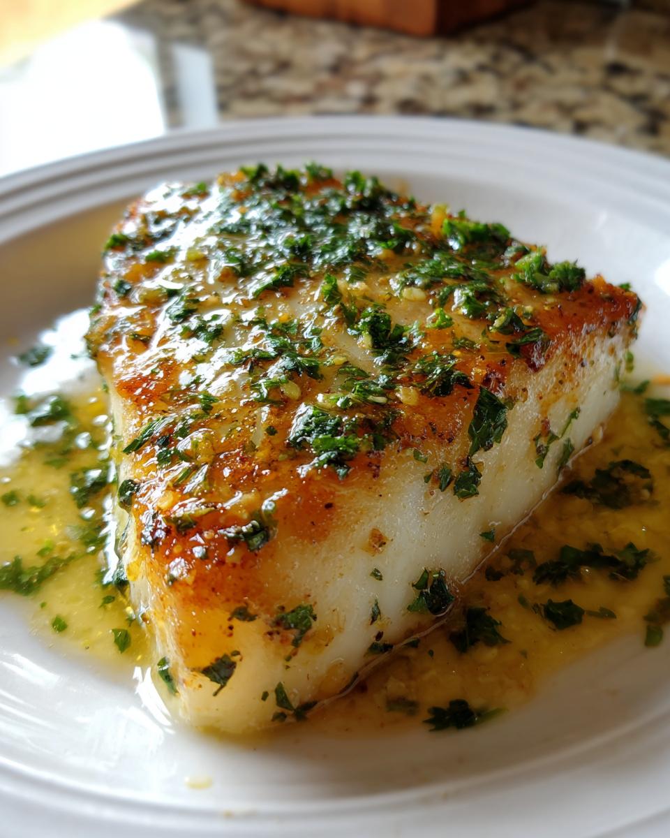 Close-up of a perfectly seared chilean sea bass recipe fillet topped with garlic butter sauce and fresh parsley.
