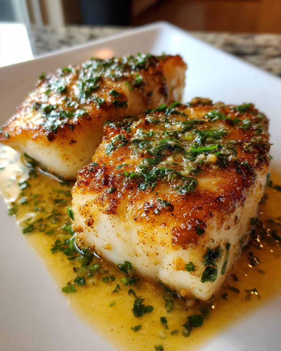 Two perfectly seared chilean sea bass recipe fillets topped with garlic butter and fresh parsley.